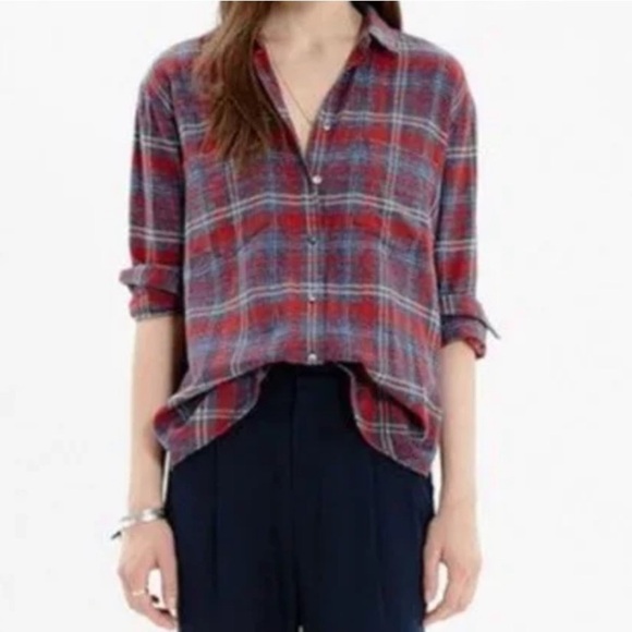 Madewell Red and Blue Plaid Button Down Flannel Small Preppy Western Cowgirl - Picture 1 of 9